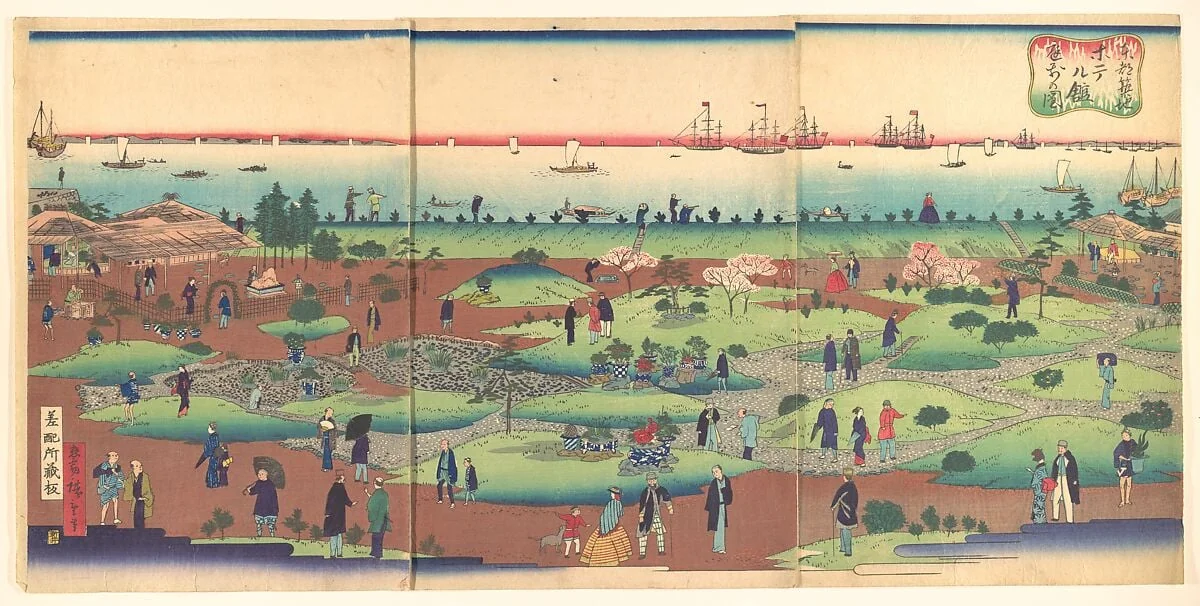 東都築地ホテル館庭前の図|Illustration of the Front Garden of the Tsukiji Hotel in the Eastern Capital  (Tōto Tsukiji hoteru kan niwa mae no zu), by Utagawa Hiroshige III, ink, 1870