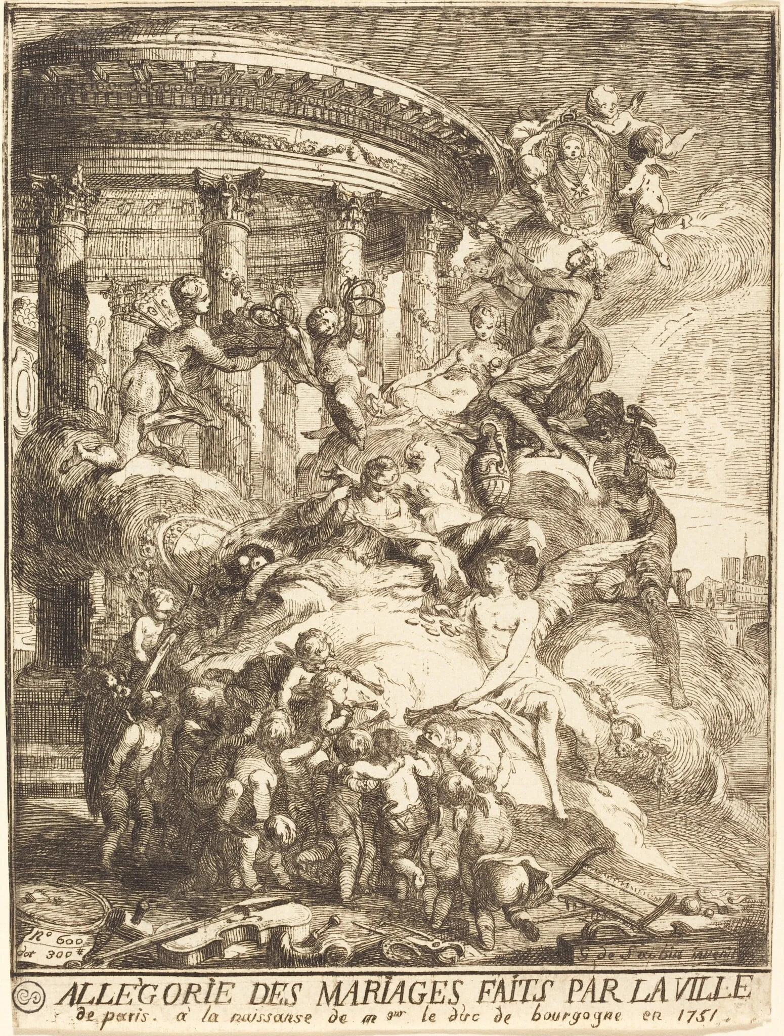Allégorie des mariages faits par la ville de Paris à la naissance du duc de Bourgogne (Allegory of the Marriages Performed by the City of Paris in Honor of the Birth of the Duc de Bourgogne in 1751), by Gabriel de Saint-Aubin, ink, 1751