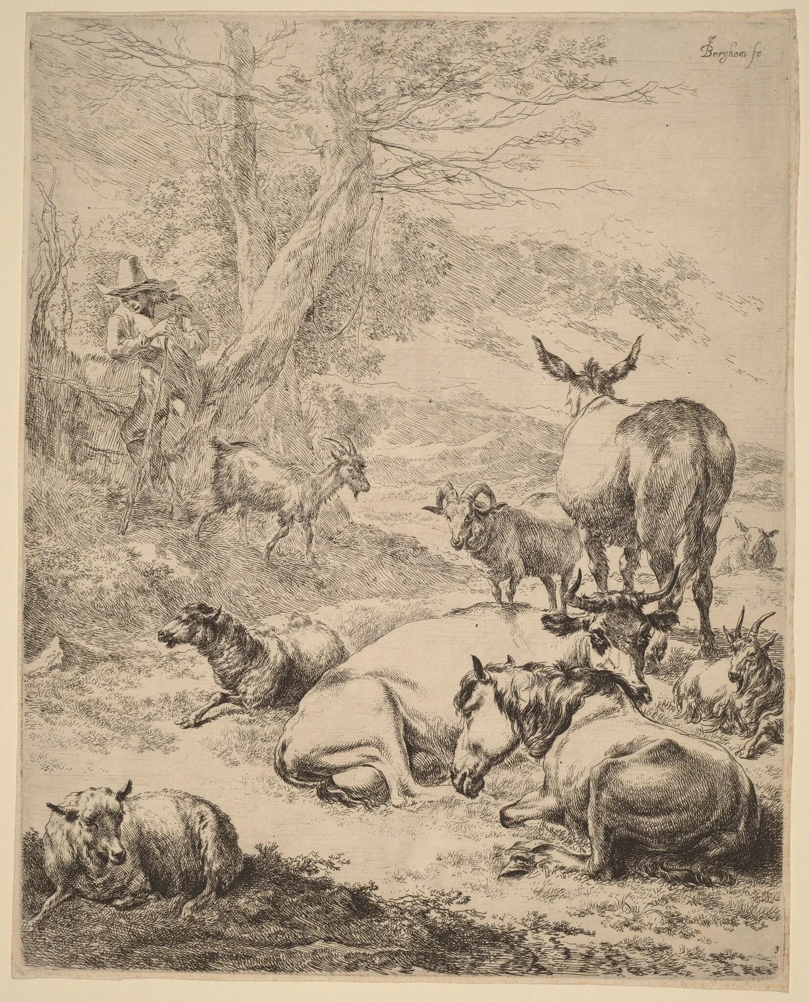 Resting Herd, by Nicolaes Pieterszoon Berchem, ink, 1652