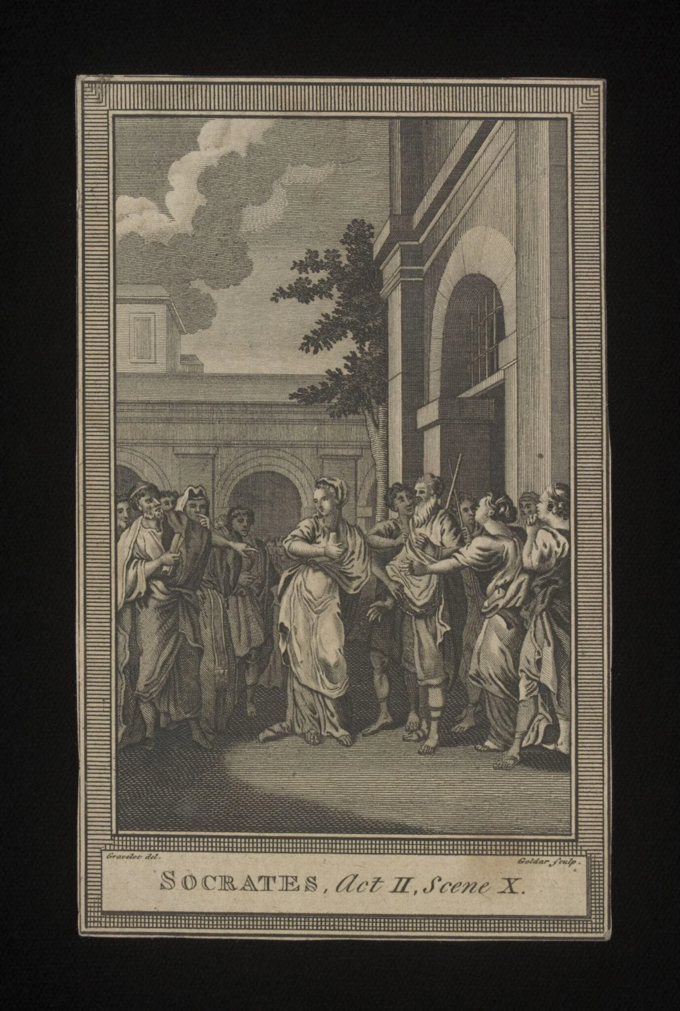 Print depicting Act II, Scene 10 of <i>Socrates,</i>, by Hubert-François Bourguignon Gravelot, 1750