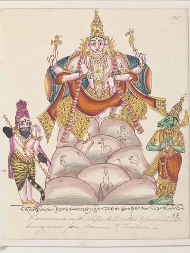 Shiva in his form of Dakshinamurti with the sages Narada and Tumburu on Mount Kailasa.