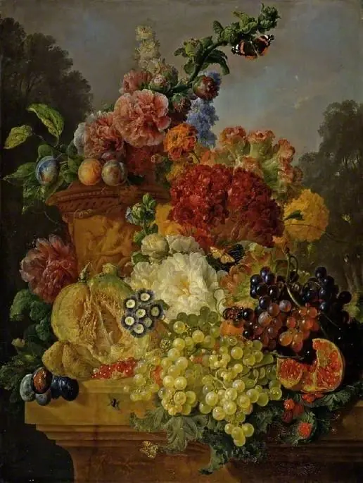 Flowers in an urn, with fruit