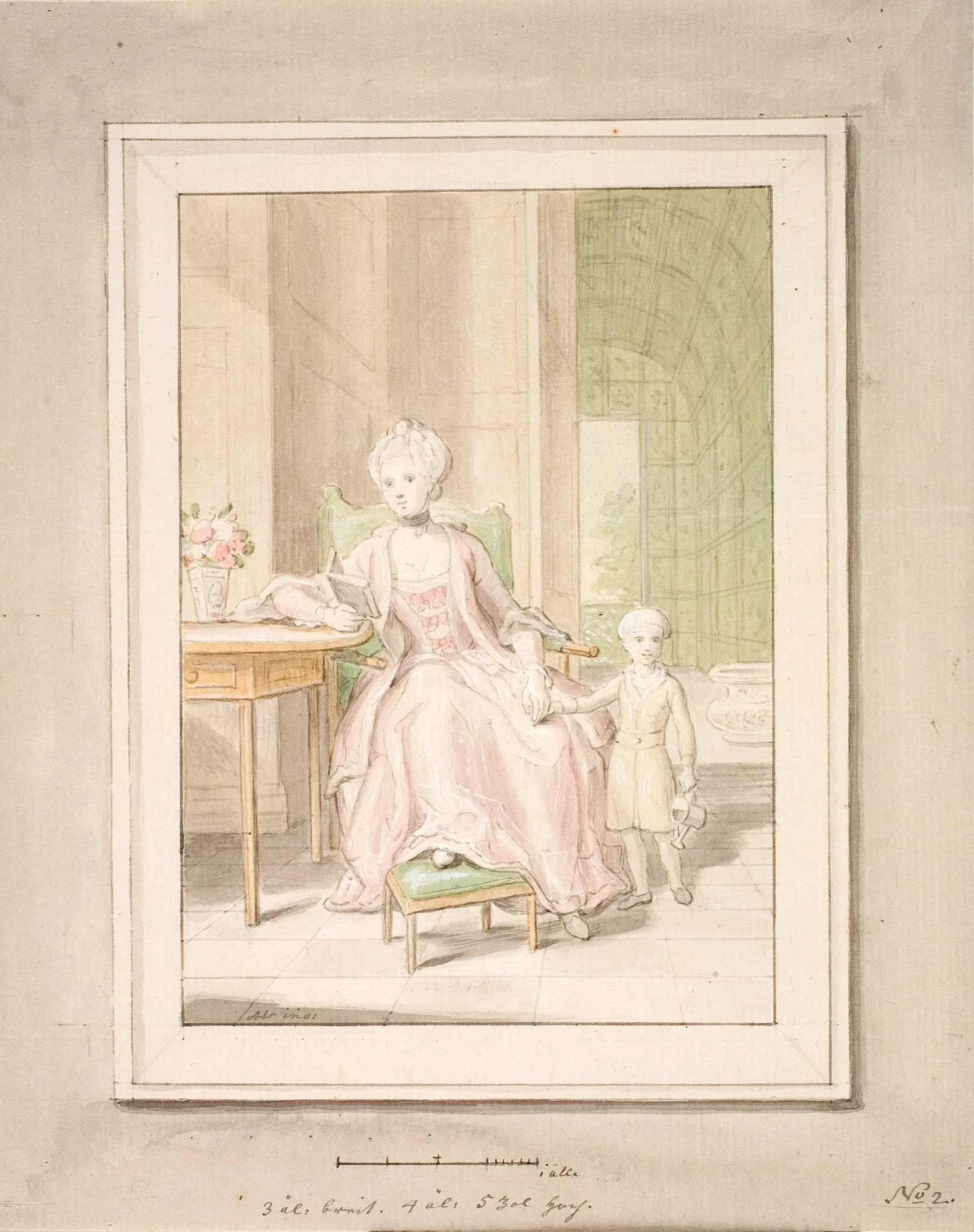 Queen Caroline Mathilde of Denmark with crown prince Frederik. Second sketch., by Peder Als, watercolor, 1771