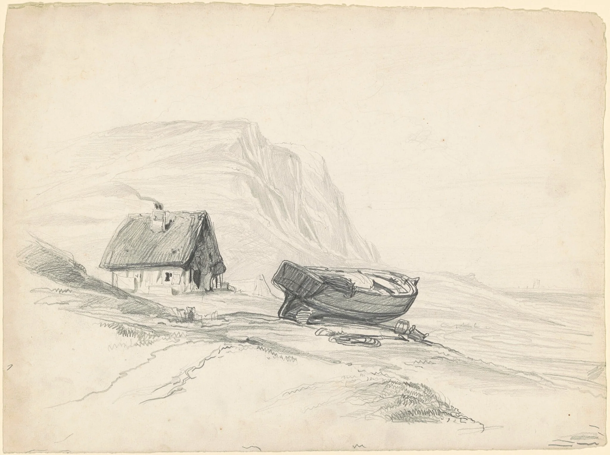 House and Boat at the Shore, by Seth Wells Cheney, graphite, 1838