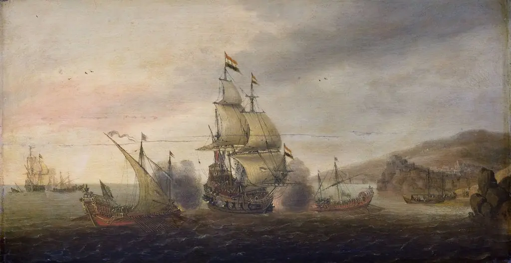 Naval battle between Dutch men-of-war and Spanish galleys
