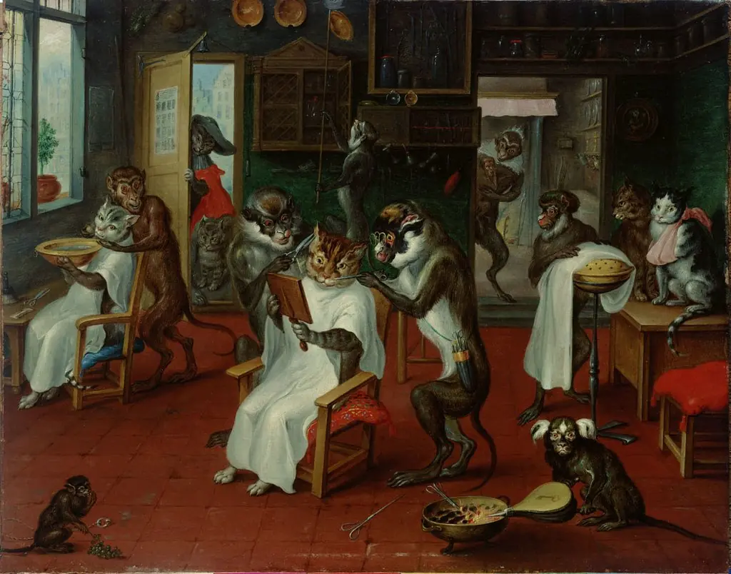 Barbershop with monkeys and cats