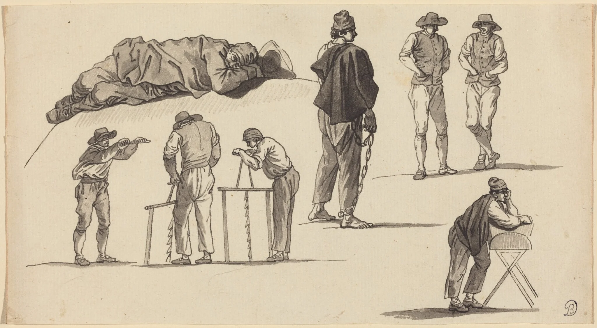 Figure Studies, Including One Man Sleeping on the Ground and Two Men Sawing, by Claude-Joseph Vernet, ink, 1752