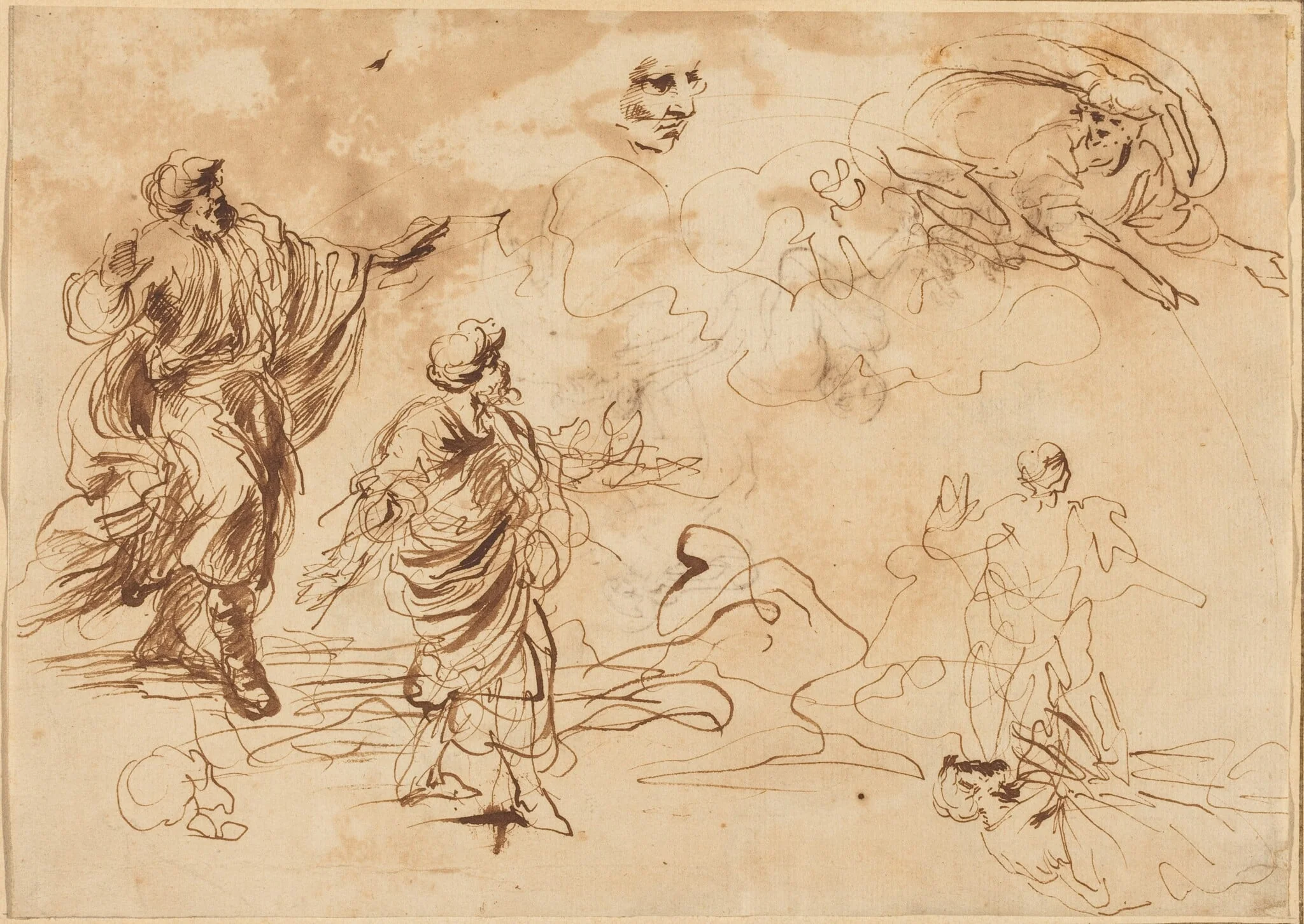 Studies for a Biblical Scene with God the Father Appearing to a Bearded Male Figure, by Roman 17th Century, ink, 1601
