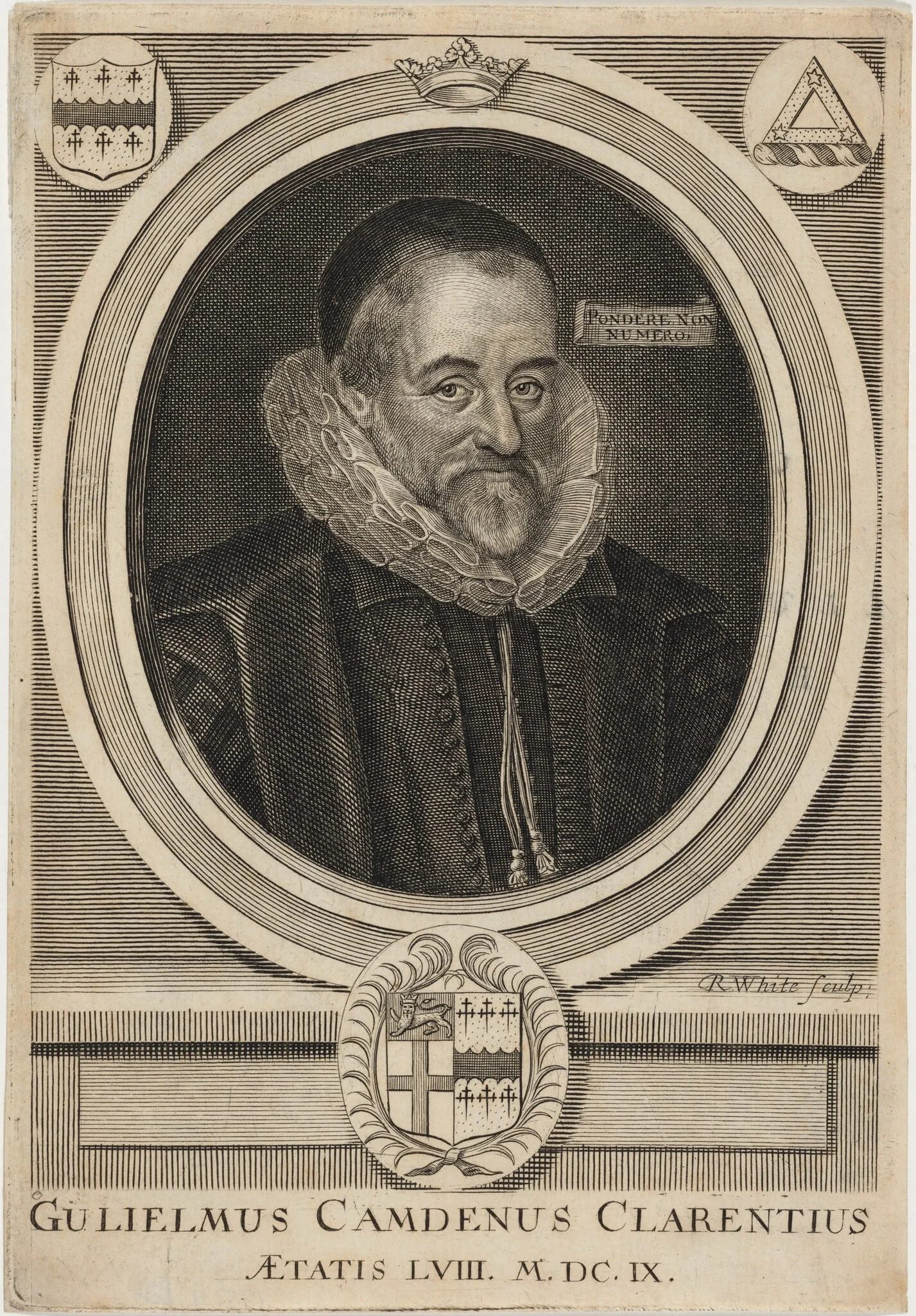 William Camden, by Robert White, ink, 1691