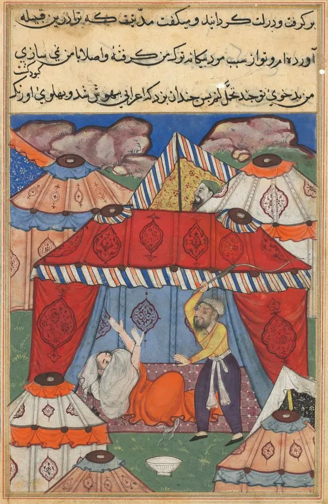 The disguised Arab, substituting for Habbaza, is whipped by her husband for refusing a bowl of milk, from a Tuti-nama (Tales of a Parrot): Twenty-fourth Night