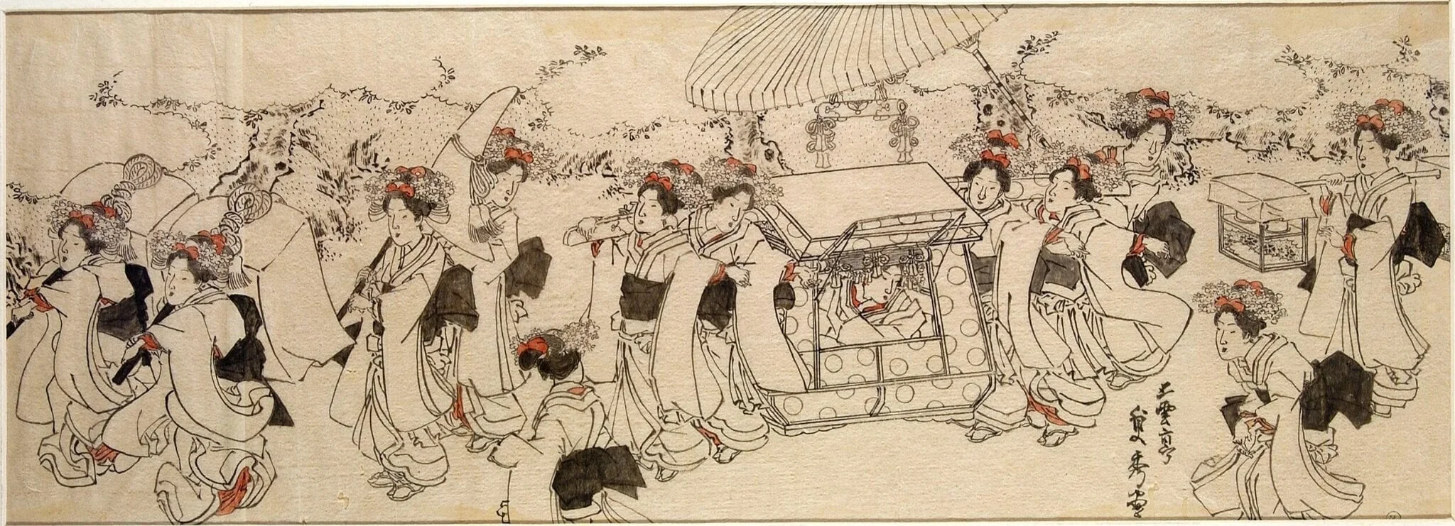 Women in procession with palanquin, by Utagawa (Gountei) Sadahide, paint, 1850