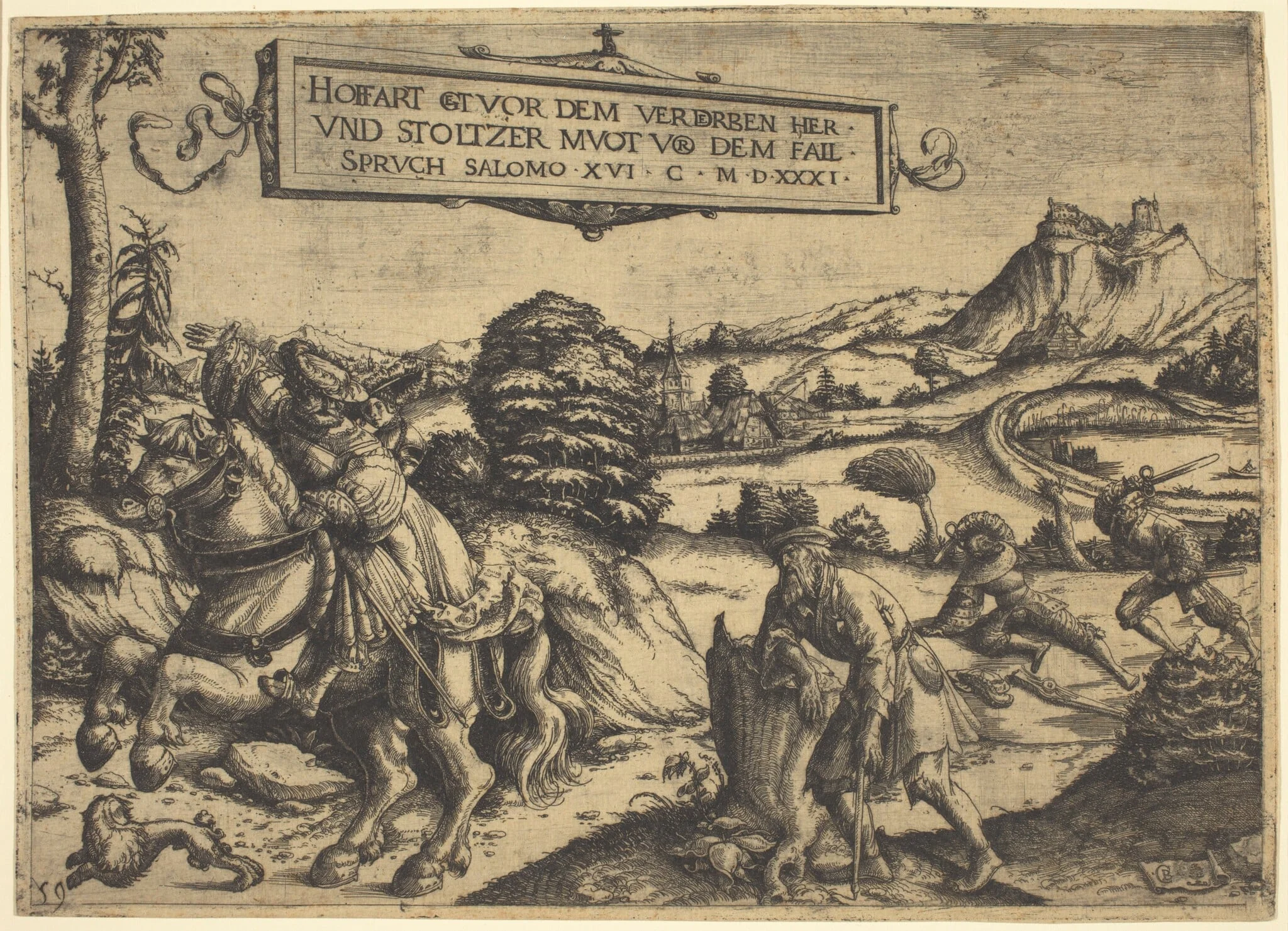 Allegory of "Pride Goeth Before Destruction...": A Gentleman and a Lady on Horseback, by Christoph Bockstorfer, ink, 1531