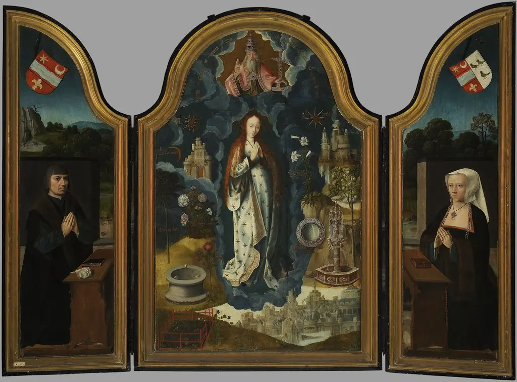 Triptych of Immaculate Conception, central section: Allegory of Immaculate Conception of Virgin Mary; left wing: Portrait of the founder, Mathias Laurin, Lord de Watervliet; right wing: Portrait of th
