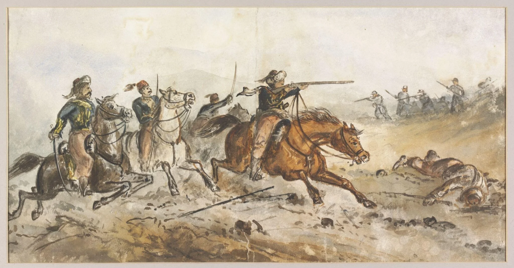 Turkish irregular cavalry charging Russian infantry, by Unknown, watercolor, 1878