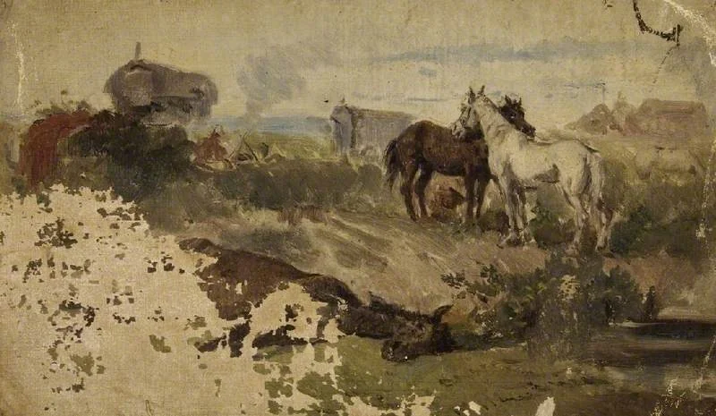Horses in a field with gypsies and a caravan, by Eyre Crowe, oil, 1874