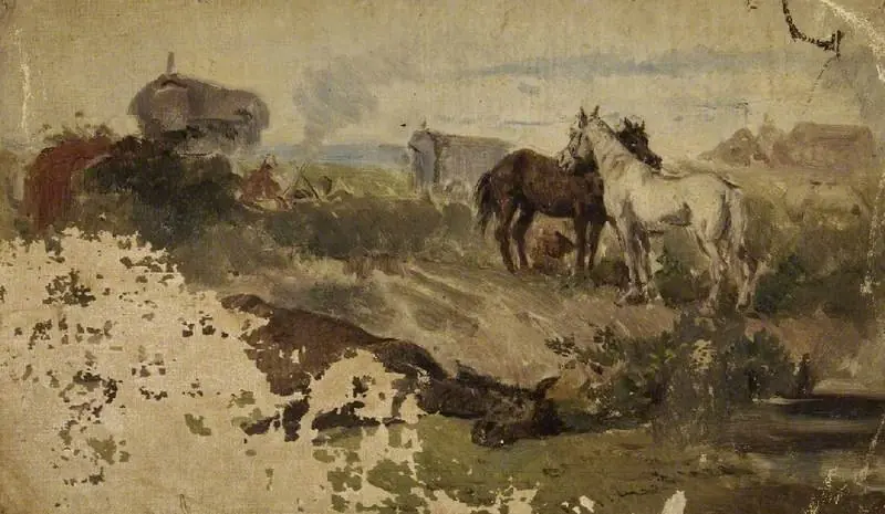 Horses in a field with gypsies and a caravan