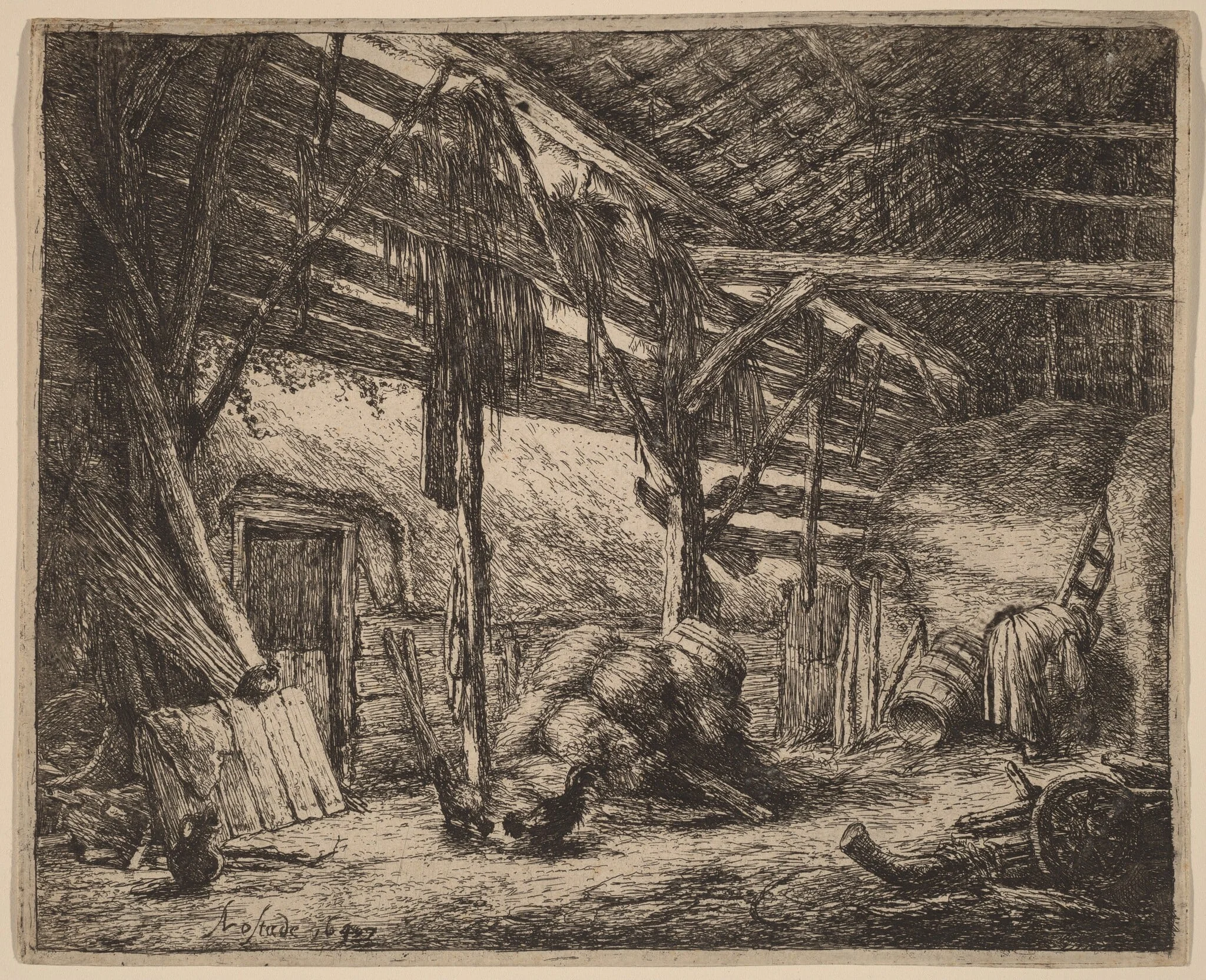 Interior of a Barn with a Peasant Woman at Work, by Adriaen van Ostade, ink, 1647