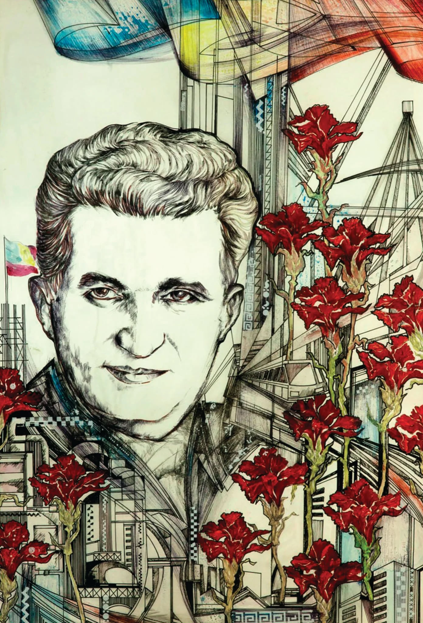 Grafică „Epoca Nicolae Ceaușescu”, tablou atribuit lui Lucian Cociuba. Tabloul îl prezintă pe Nicolae Ceaușescu alături de marile reralizări ale Epocii Socialiste; realizări ornate cu garoafe roșii și tricolor. Comandat de Comitetul Județean de Partid Arad (1988).