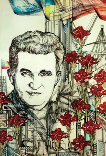 Grafică „Epoca Nicolae Ceaușescu”, tablou atribuit lui Lucian Cociuba. Tabloul îl prezintă pe Nicolae Ceaușescu alături de marile reralizări ale Epocii Socialiste; realizări ornate cu garoafe roșii și tricolor. Comandat de Comitetul Județean de Partid Arad (1988).