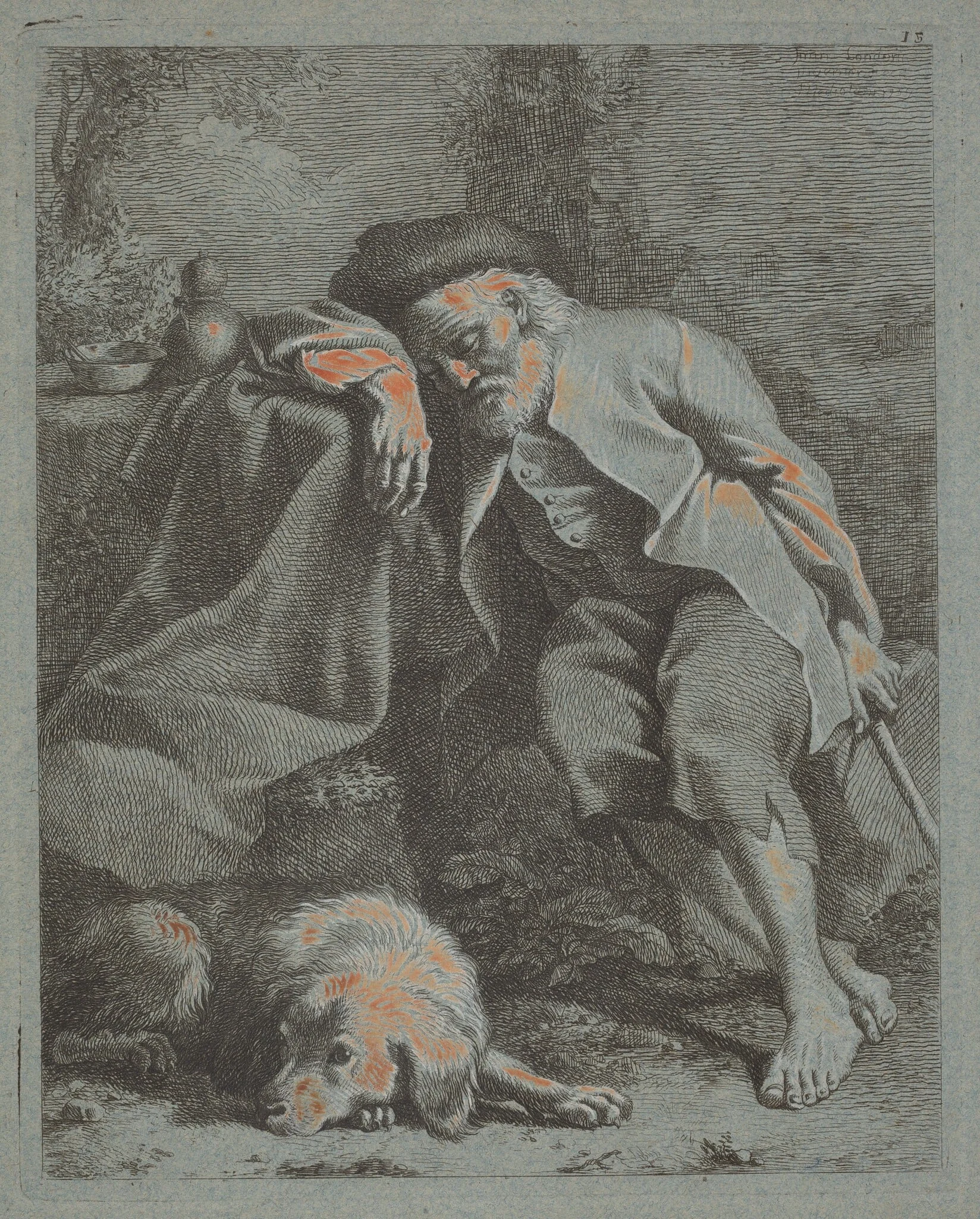 Sleeping Old Man with Dog, by Francesco Londonio, gouache, 1759