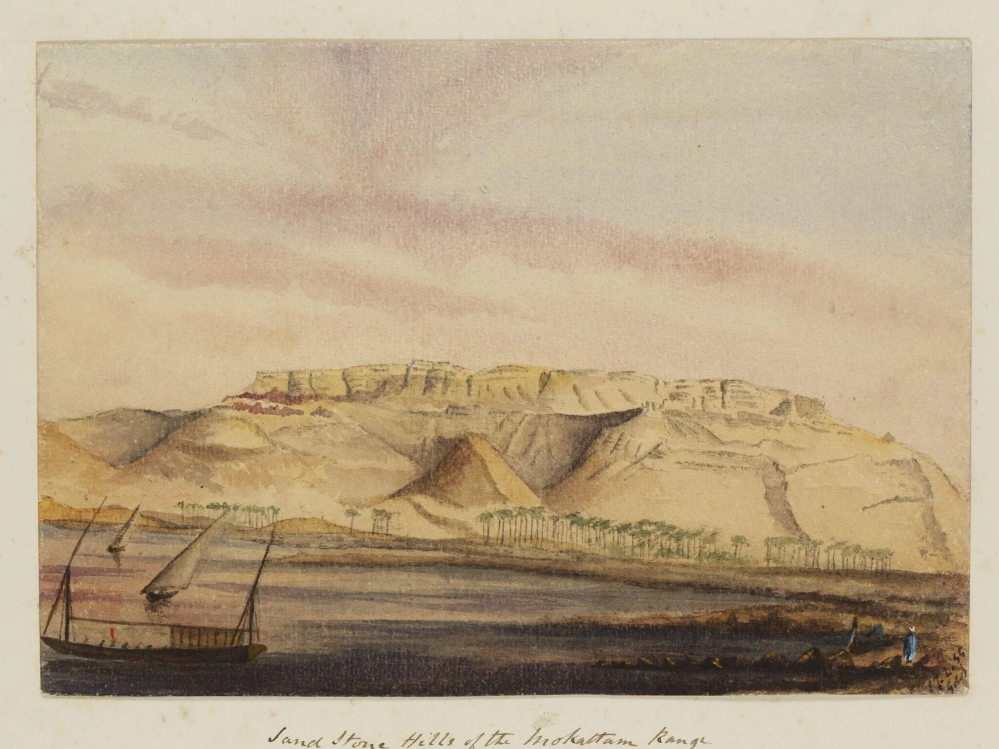 `Sand Stone Hills of the Mokattam Range  "Sunset"  between Beni-souef & Golosena', by George de Sausmarez, watercolor, 1855