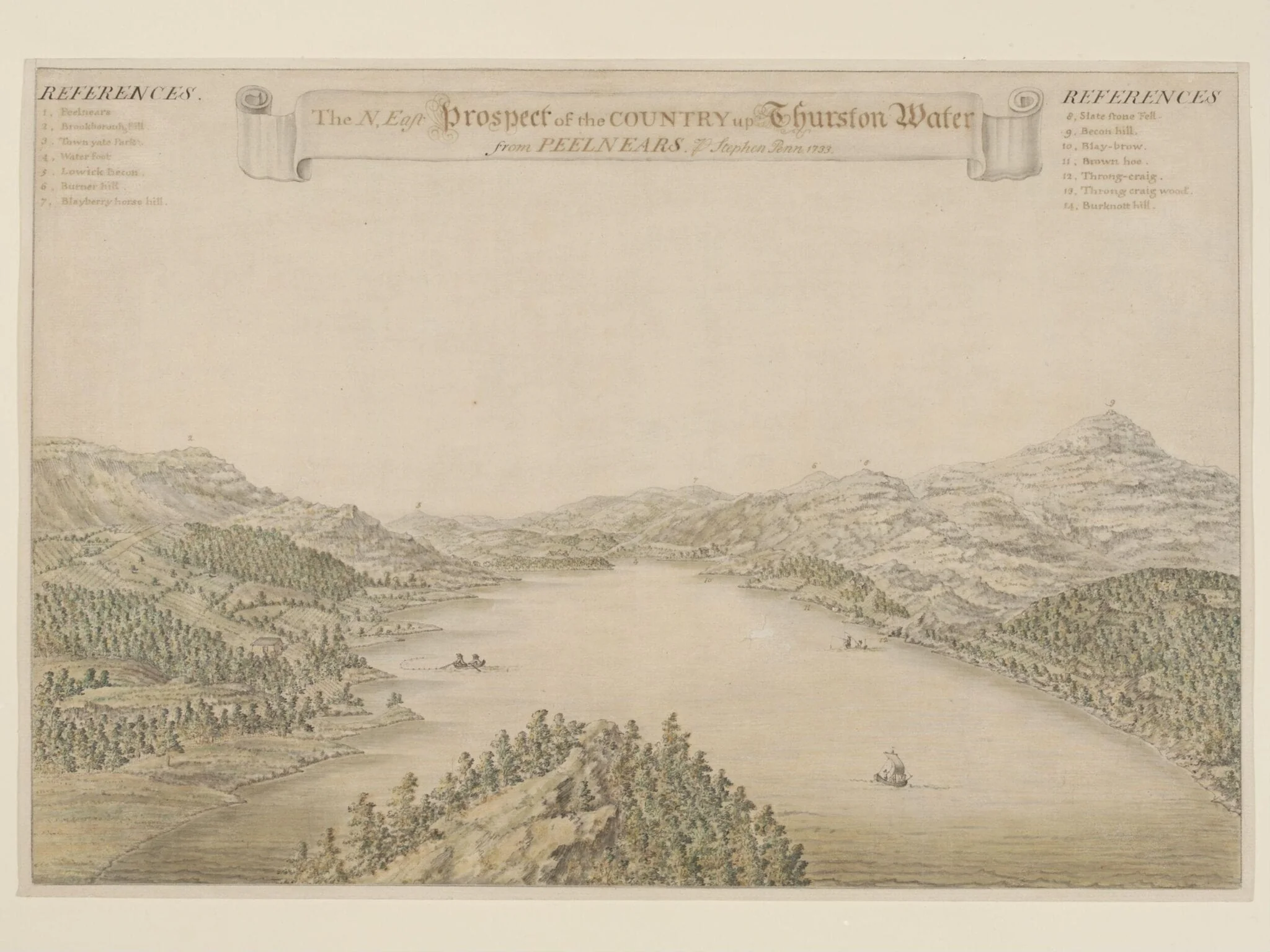 The North East Prospect of the Country up Thurston Water from Peelnears, by Stephen Penn, watercolor, 1733