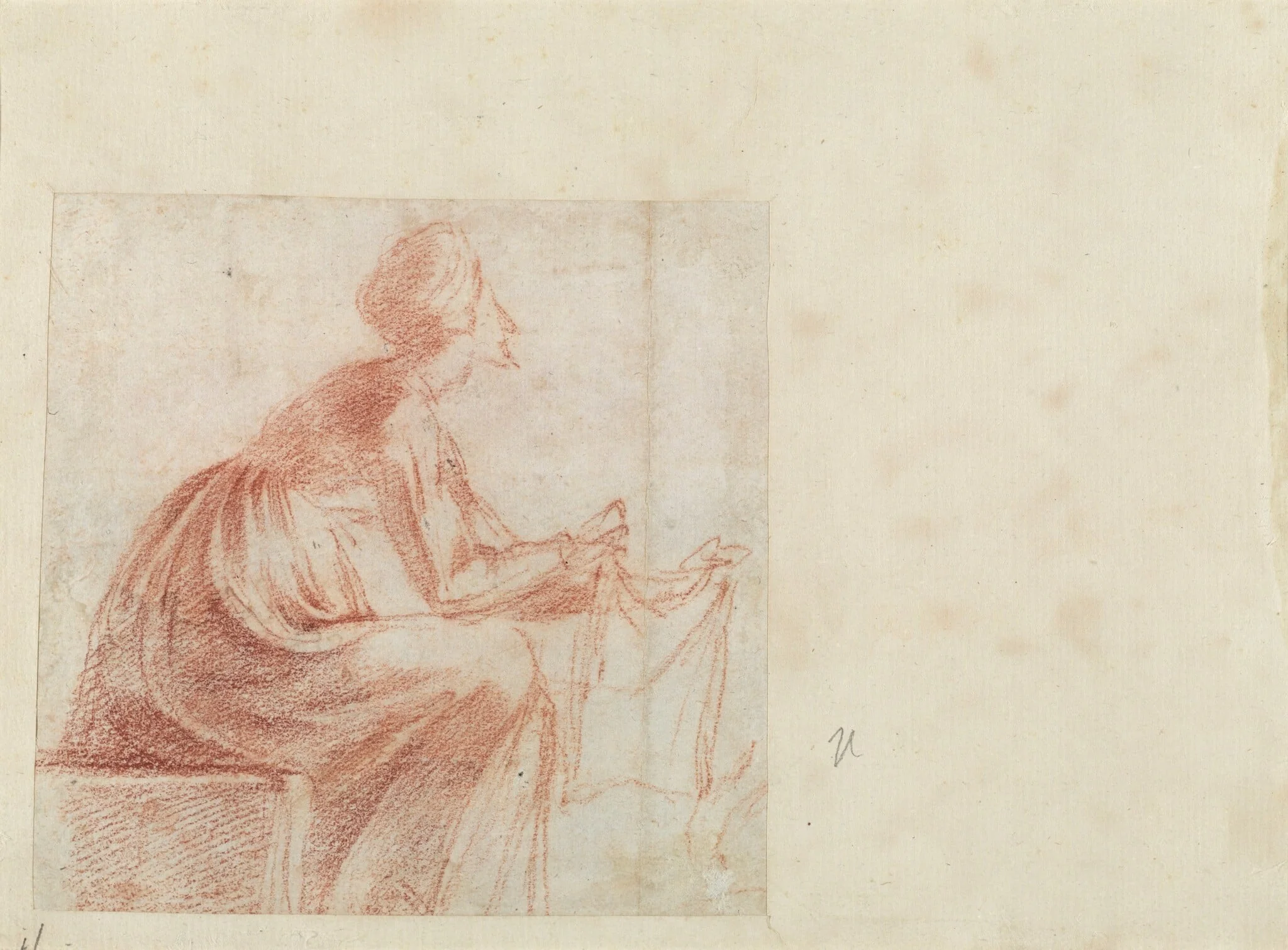 Woman Seated with a Piece of Cloth [verso], by Polidoro da Caravaggio, chalk, 1522