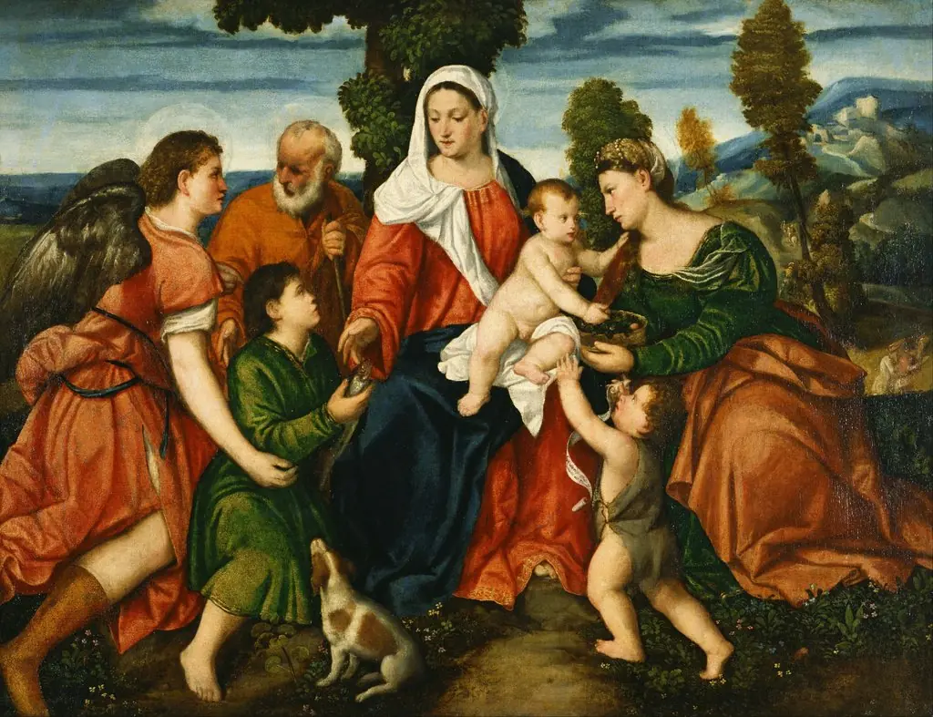 The Holy Family with Tobias and the Angel, Saint Dorothy, Giovannino, and the Miracle of the Corn beyond