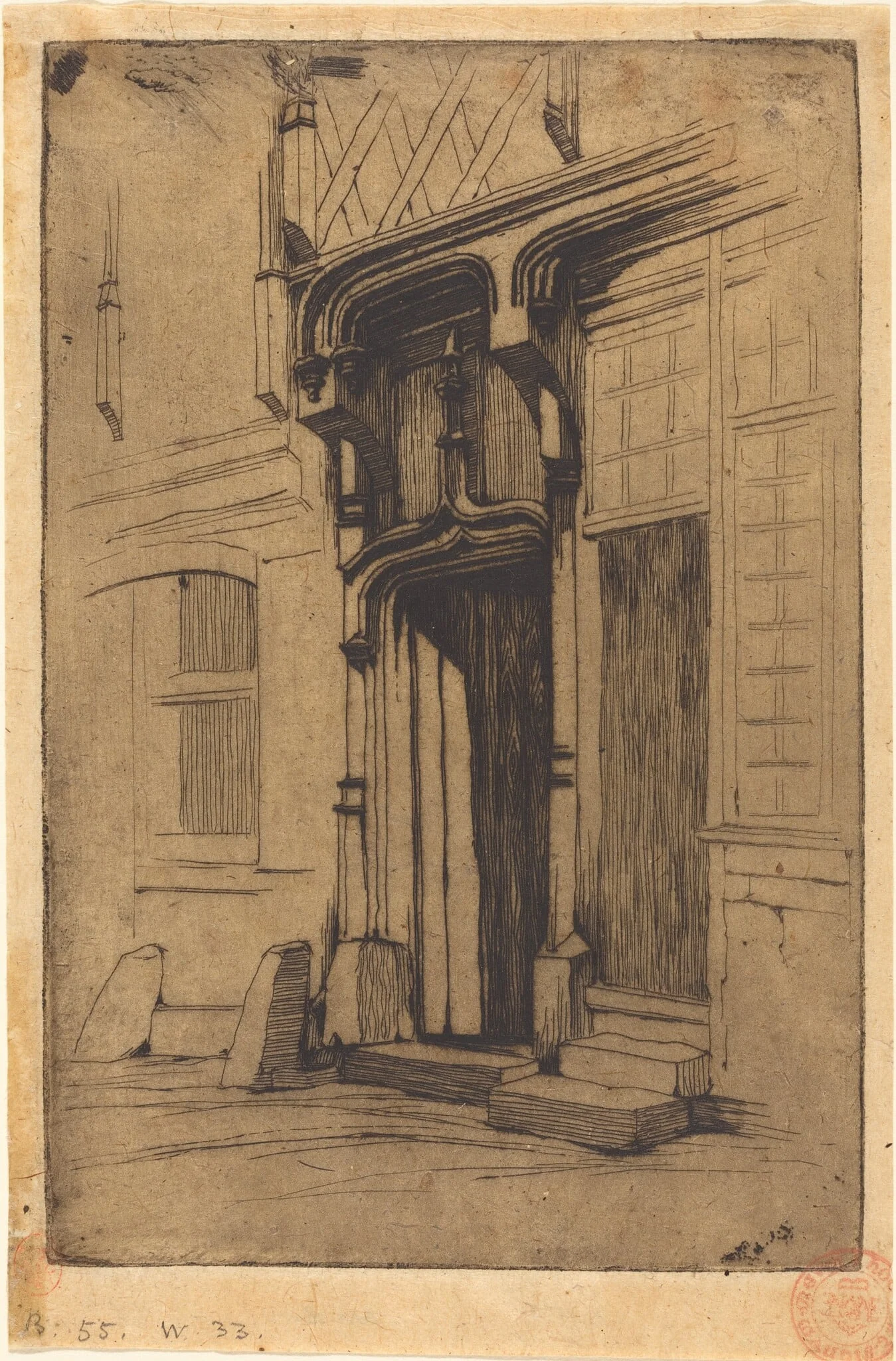 Porte d'un ancien couvent, Rue Mirabeau, à Bourges (Doorway of an Ancient Convent, in the Rue Mirabeau, Bourges), by Charles Meryon, ink, 1851
