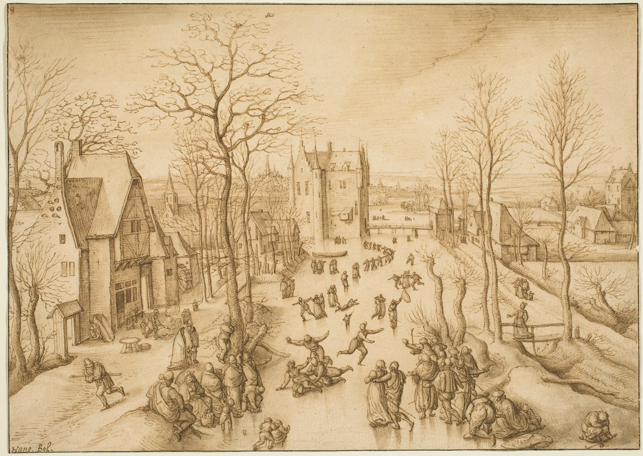 Winter Landscape with Skaters, by Hans Bol, ink, 1585