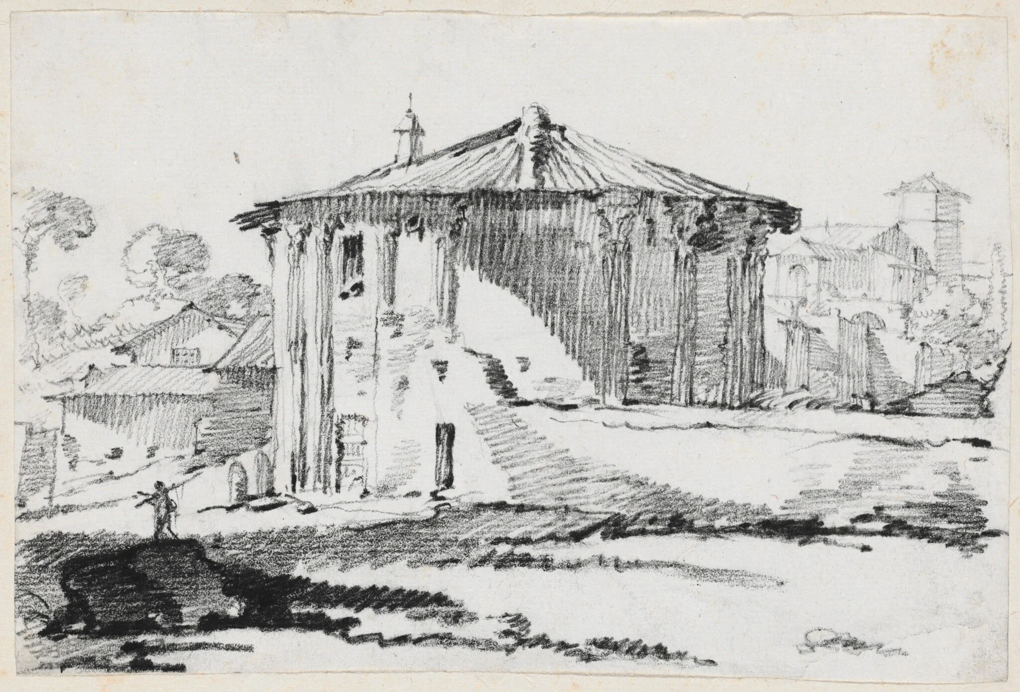 The Round Temple on the Piazza Bocca della Verità, Rome, by Joseph-Marie Vien, graphite, 1747