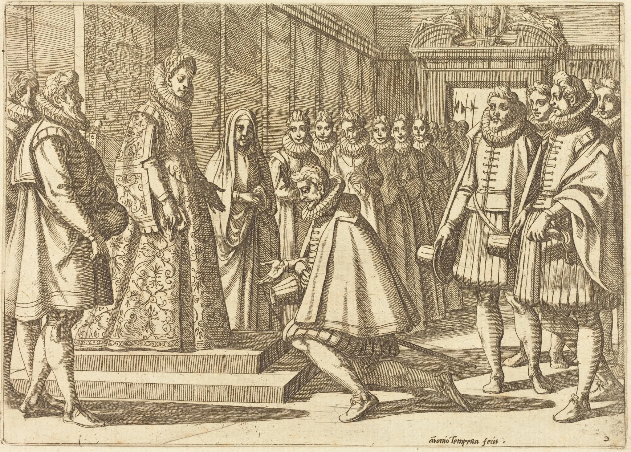 Philip of Spain Before Margaret of Austria, by Antonio Tempesta, ink, 1612
