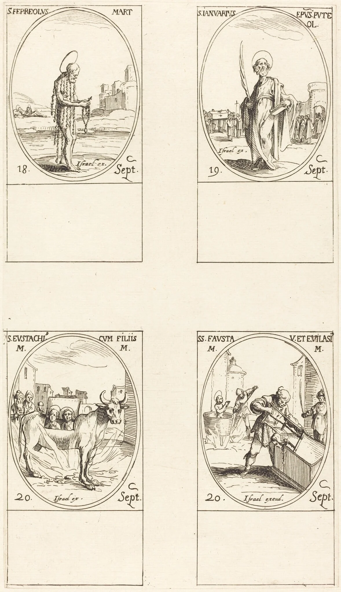 St. Ferreolus; St. Januarius; St. Eustachius & his Children; Sts. Fausta & Evelasius, by Jacques Callot, ink, 1634