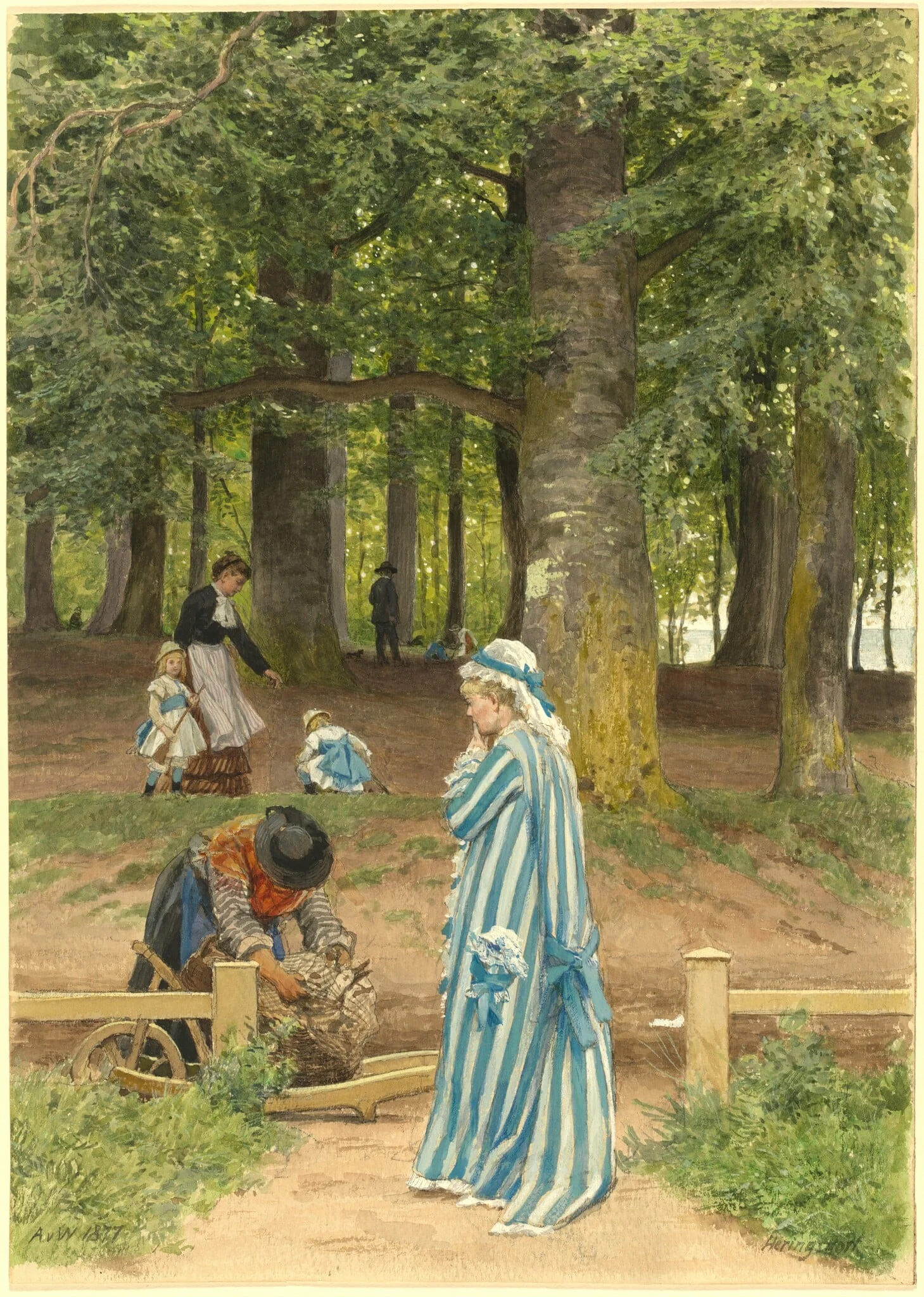 The Artist's Wife and Daughters in a Park at Heringsdorf, by Anton von Werner, gouache, 1877
