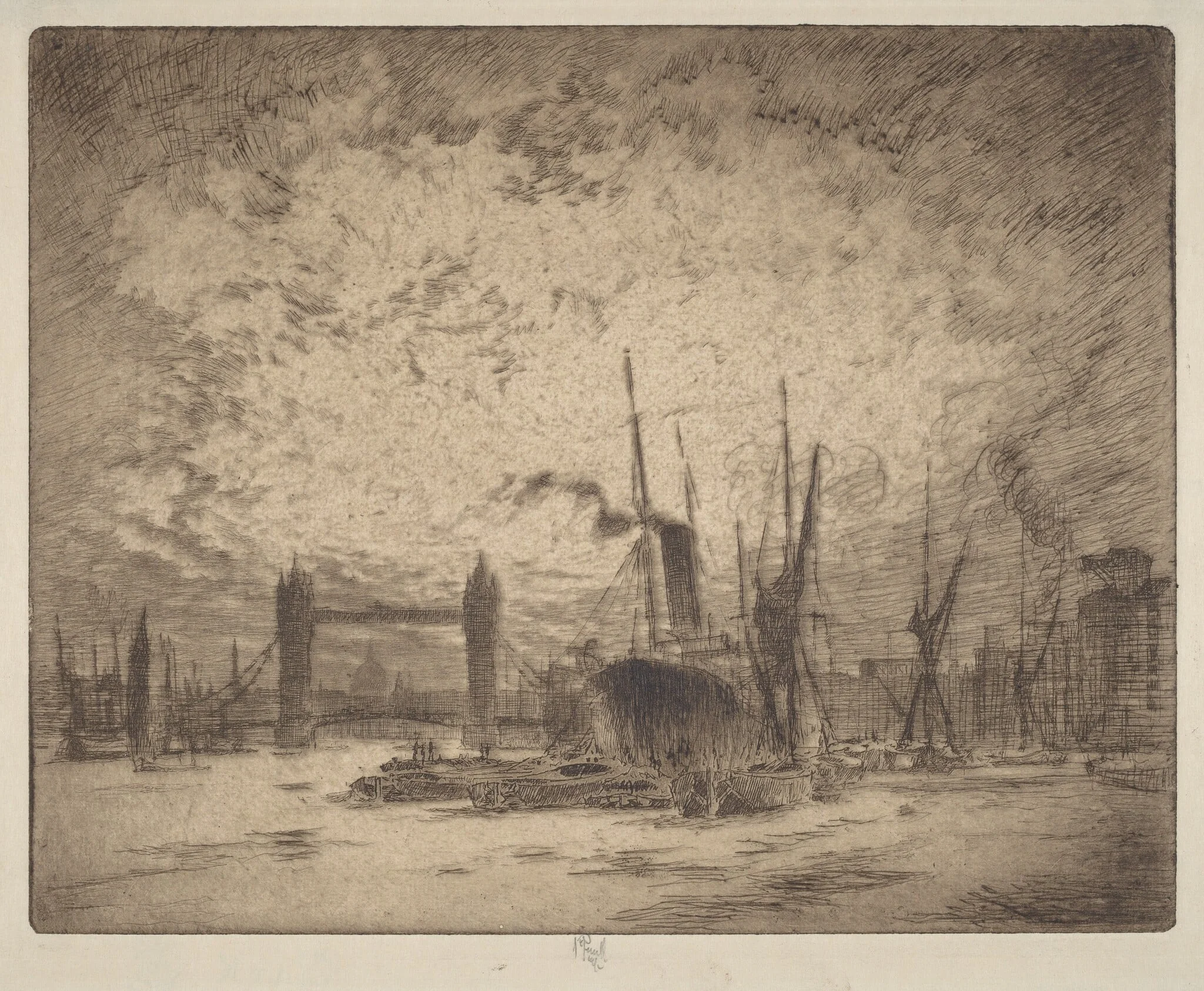 Tower Bridge, Evening, by Joseph Pennell, ink, 1905