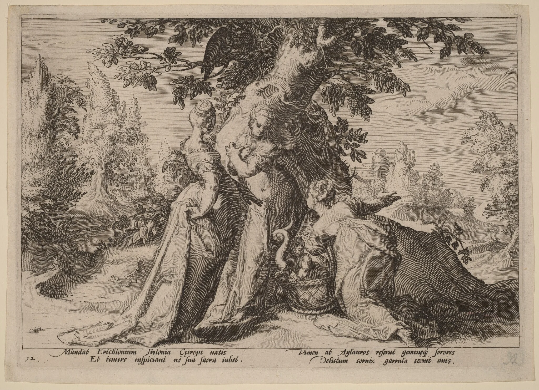 The Daughters of Cecrops Open the Casket Entrusted to Them by Minerva, by Hendrik Goltzius, ink, 1590