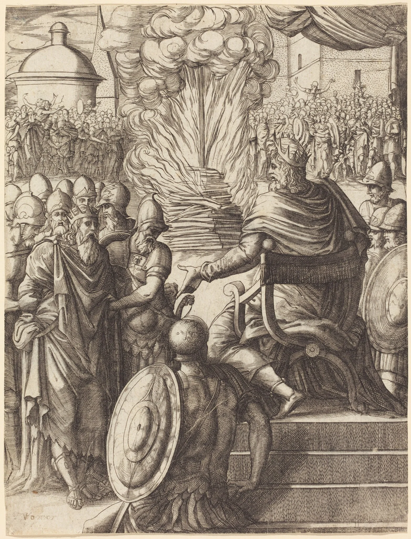 Heraclius Sentencing the Tyrant Phocas, by Pierre II Woeiriot de Bouzey, ink, 1566