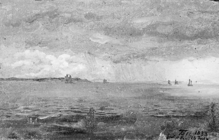 The Sound with Rain Clouds and Ships in the Background