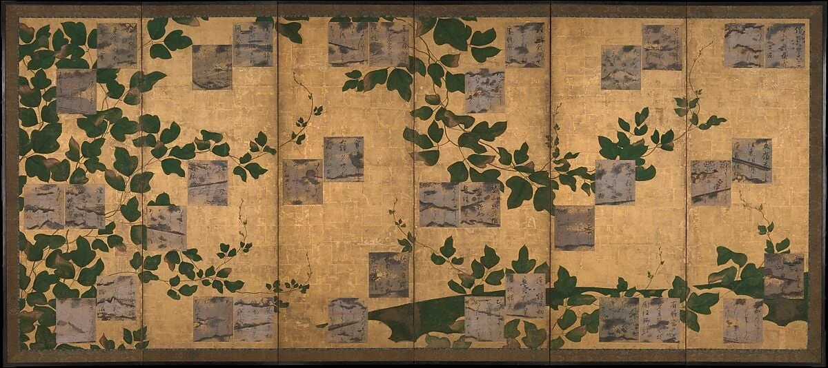 伝近衛信尋書・伝長谷川宗也絵　葛下絵色紙貼付　『和漢朗詠集』　屏風|Anthology of Japanese and Chinese Poems (Wakan rōeishū) with Underpainting of Arrowroot Vines, by Konoe Nobuhiro|Hasegawa Sōya, ink, 1616