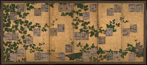 伝近衛信尋書・伝長谷川宗也絵　葛下絵色紙貼付　『和漢朗詠集』　屏風|Anthology of Japanese and Chinese Poems (Wakan rōeishū) with Underpainting of Arrowroot Vines