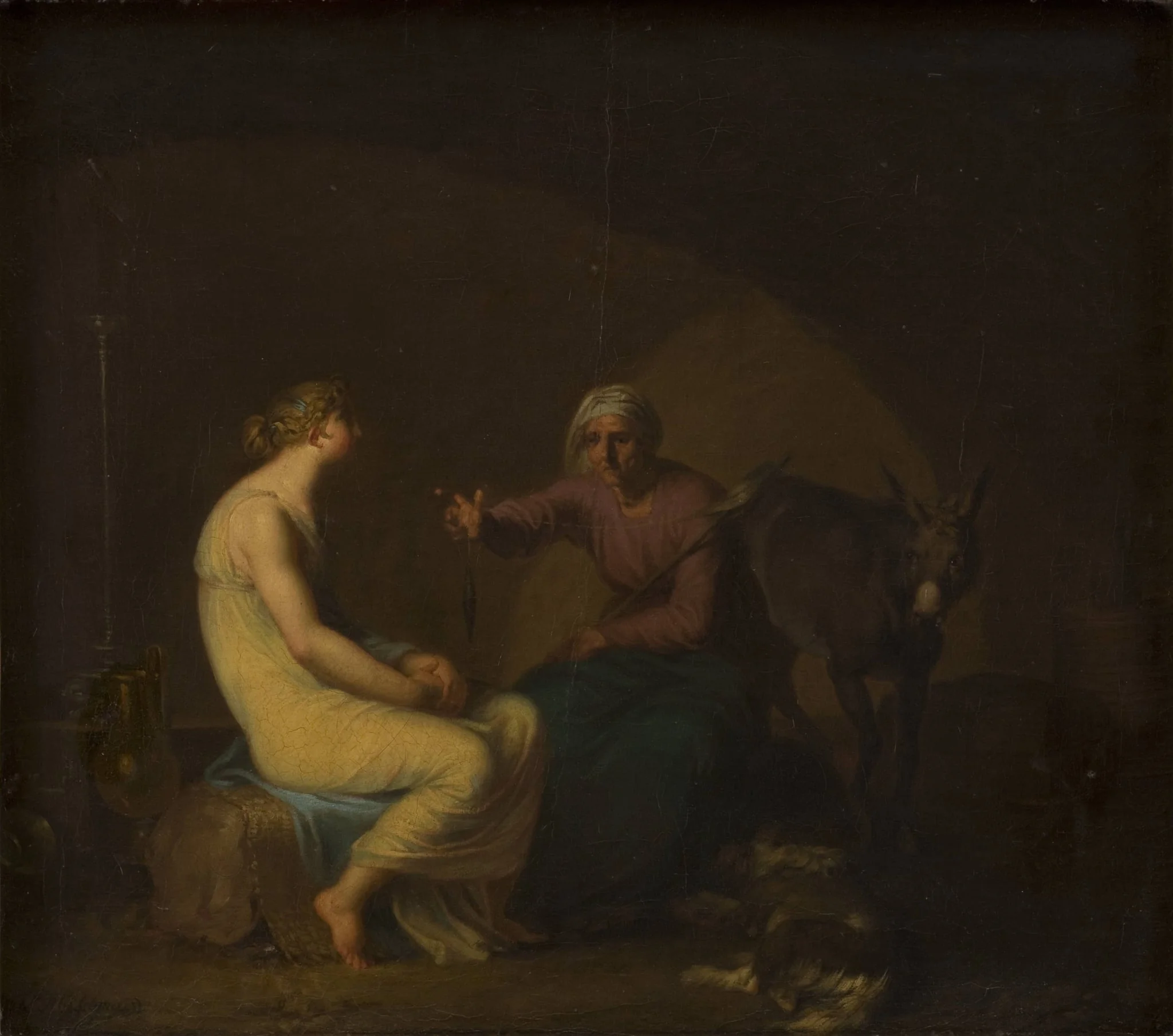 Røverbandens husholderske trøster den unge pige ved at fortælle myten om Amor og Psyche. Motiv fra Apulejus: Det gyldne æsel, by Unknown, 1808