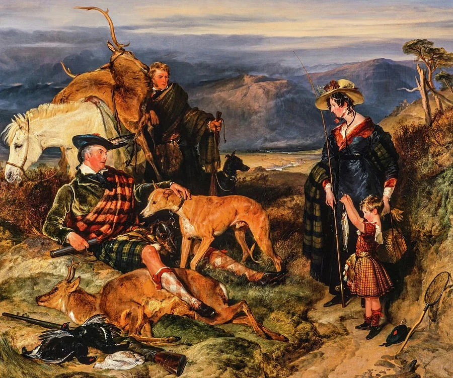 Scene in the Highlands, with portraits of the Duchess of Bedford, the Duke of Gordon and Lord Alexander Russell, by Edwin Landseer, oil, 1826