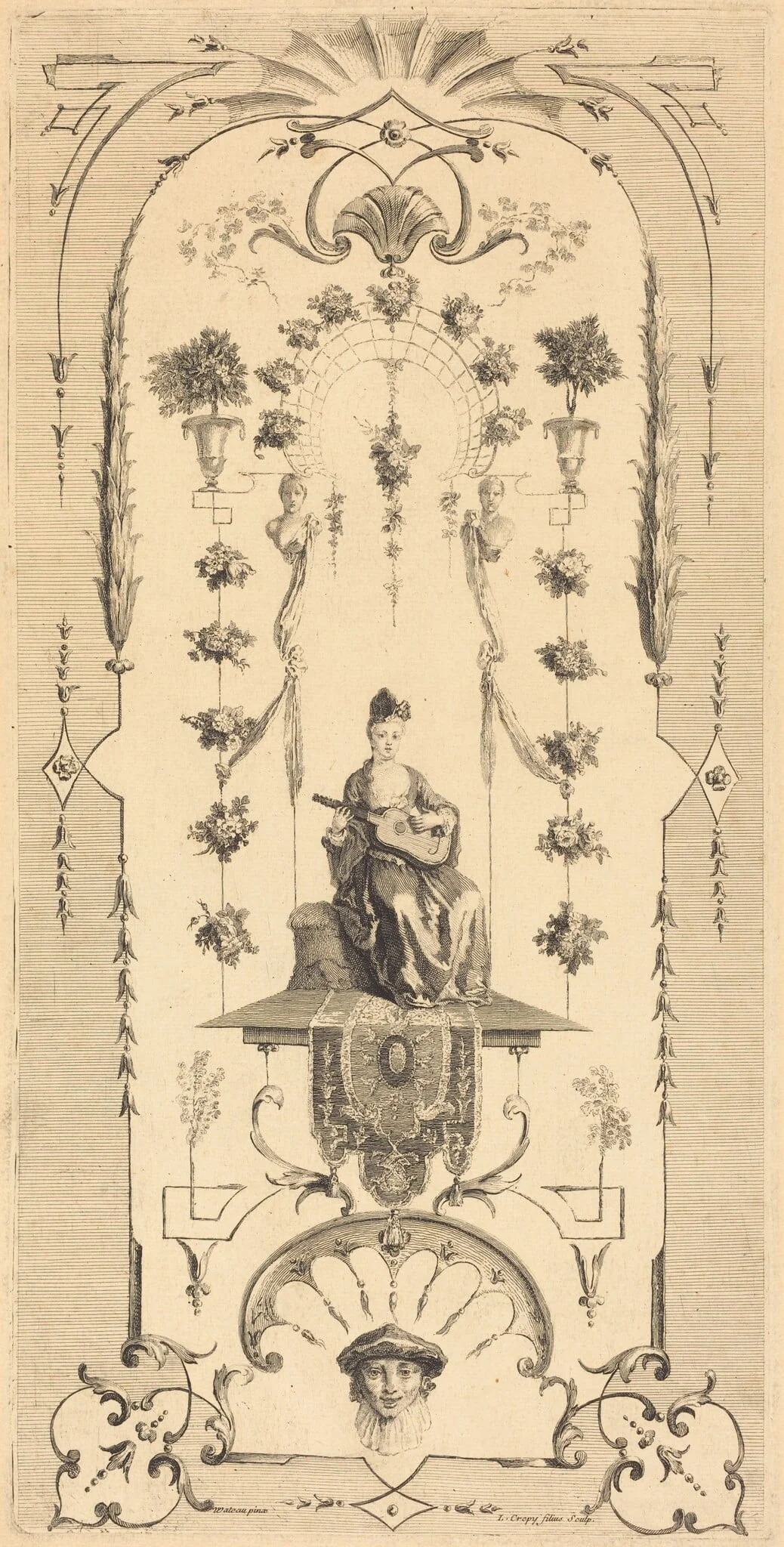 Seated Woman Playing a Guitar, by Louis Crépy, ink, 1720