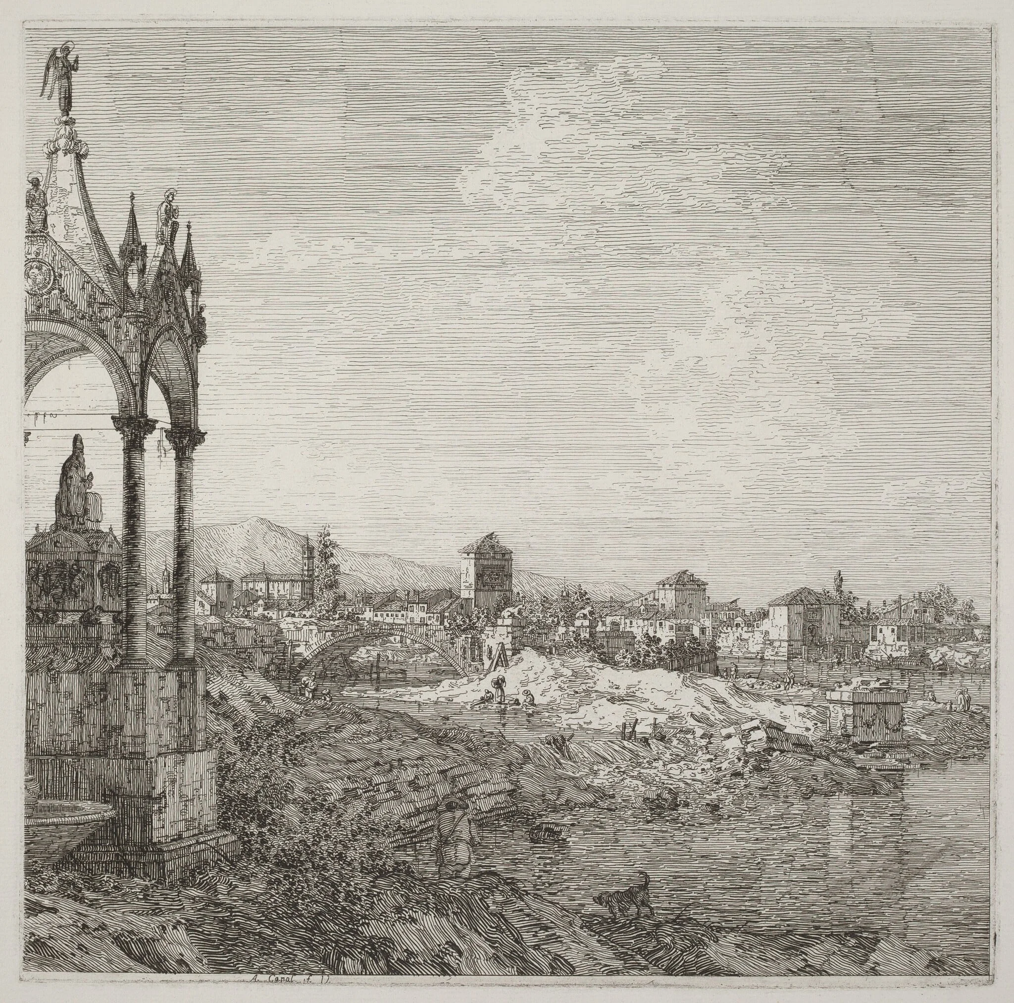 View of a Town with a Bishop's Tomb, by Canaletto, ink, 1740