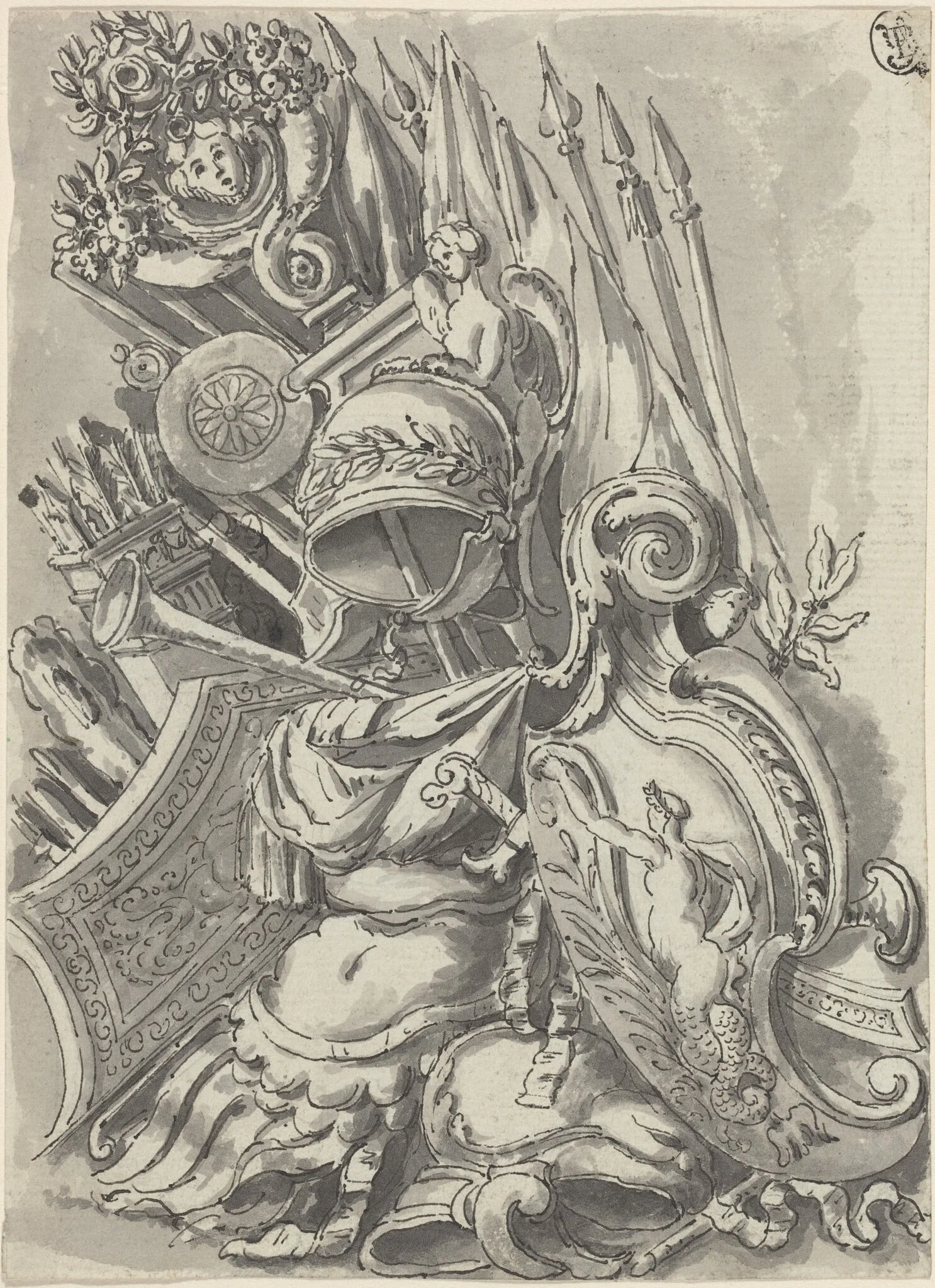 A Trophy of Arms, by Jean Lepautre, ink, 1650