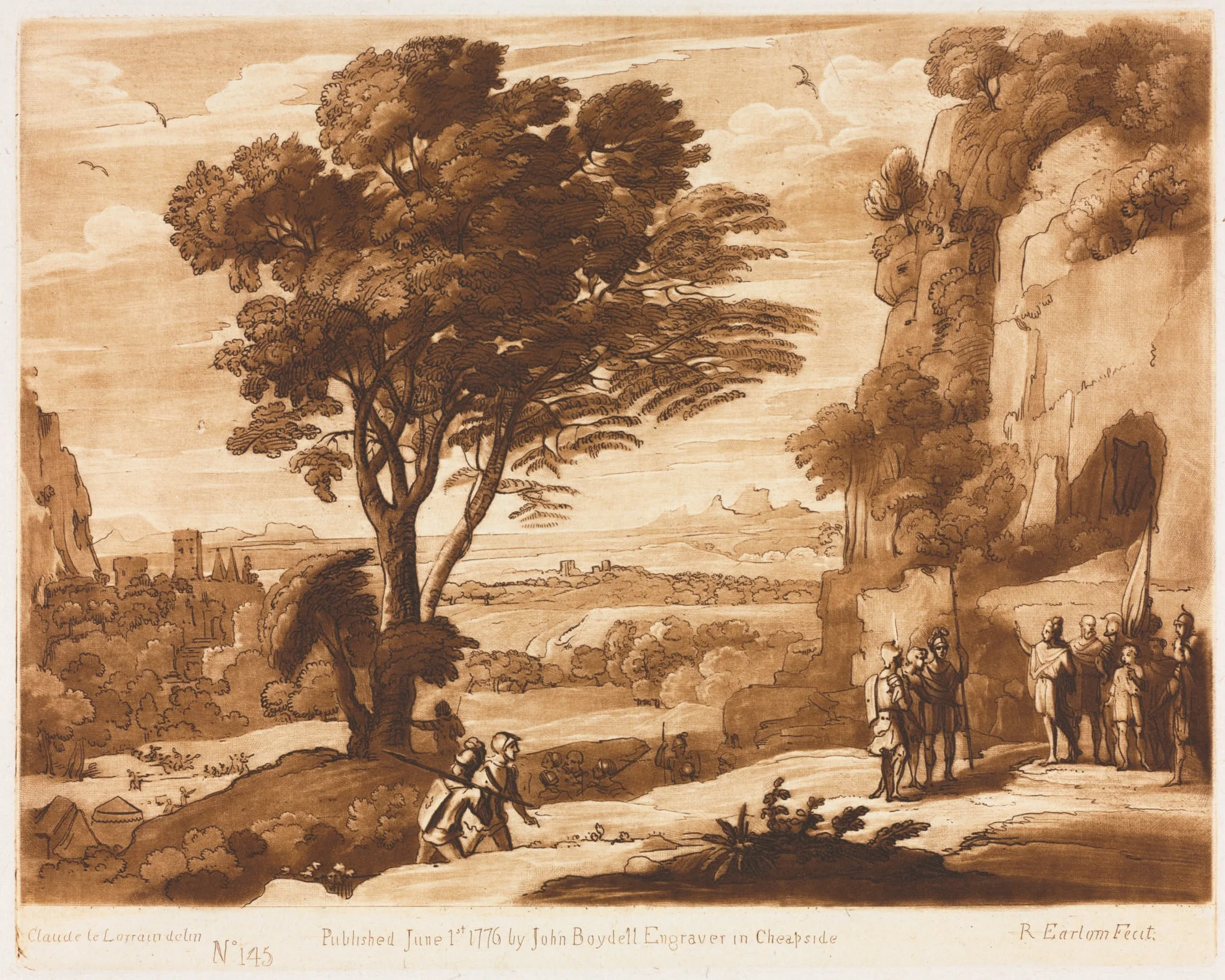 Liber Veritatis:  No. 145, A Landscape, with Figures, Simon brought before Priam, by Richard Earlom, 1776