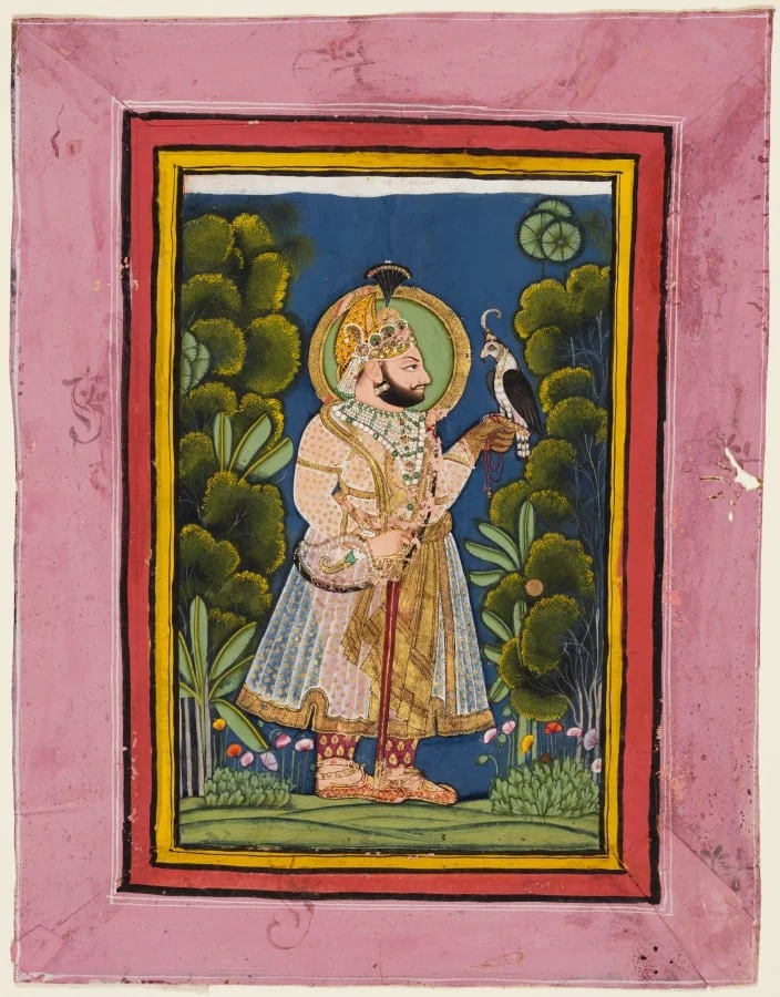Maharana Jawan Singh of Mewar (r. 1828–38) Holding a Falcon, by Ghasi, unspecified, 1835