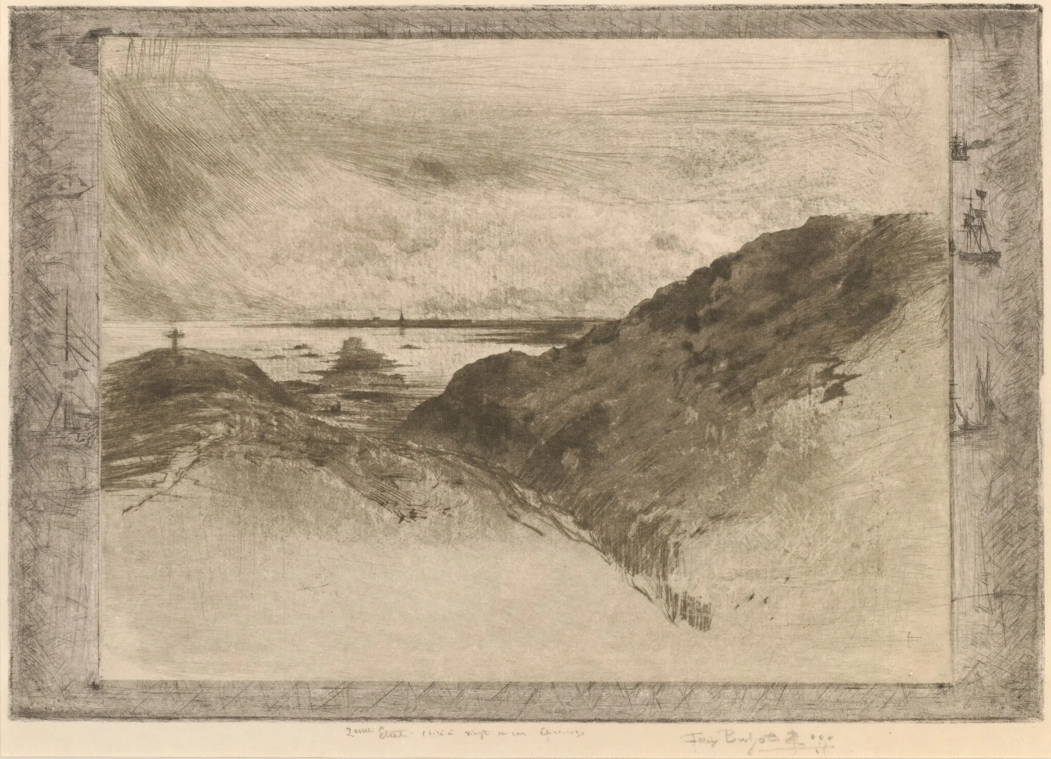 La Falaise: Baie de Saint-Malo (The Cliff: Saint-Malo Bay), by Félix-Hilaire Buhot, ink, 1888