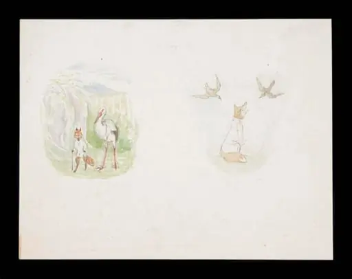 A fox in a glade with a stork; a fox looking up at two birds