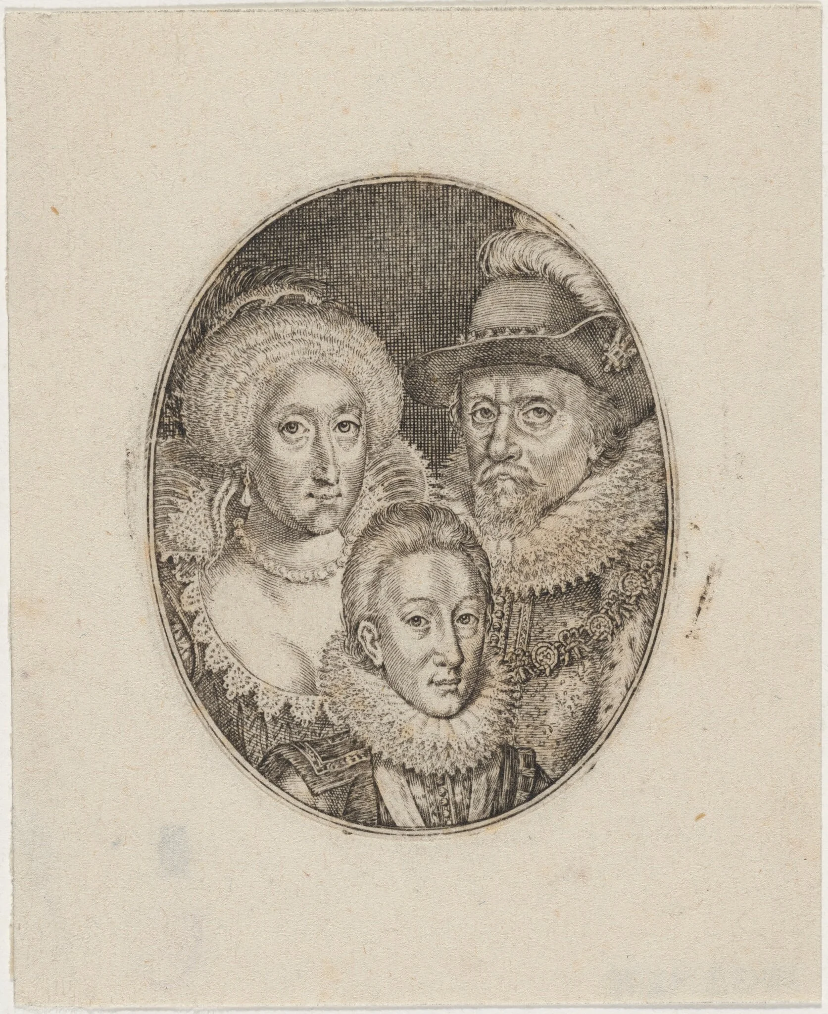 James I, Anne of Denmark, and Prince Charles, by Simon van de Passe, ink, 1621